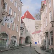 White and brown buildings and paved road