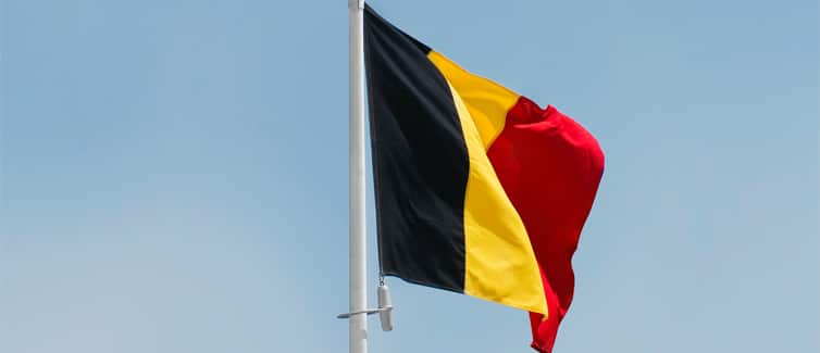 Image of the Belgian flag flying on a flagpole with a bright blue background