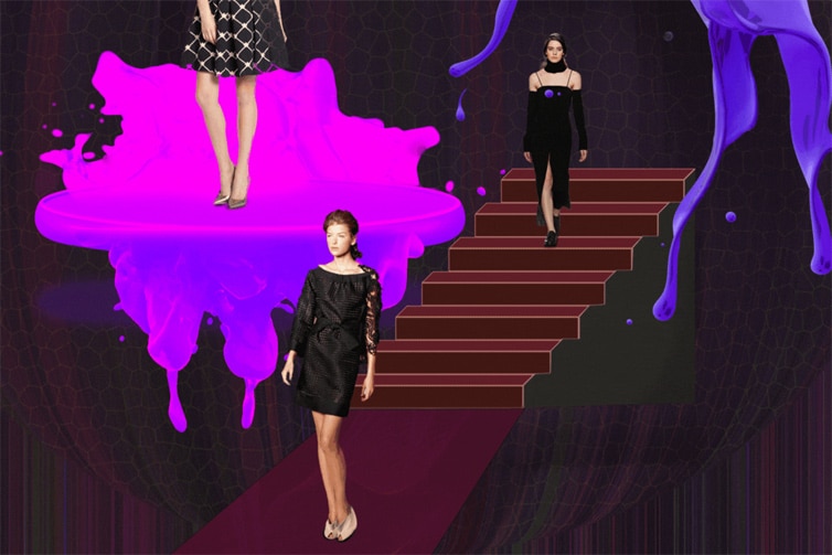 Image of a person wearing a black dress walking, with a big pink splodge in the background