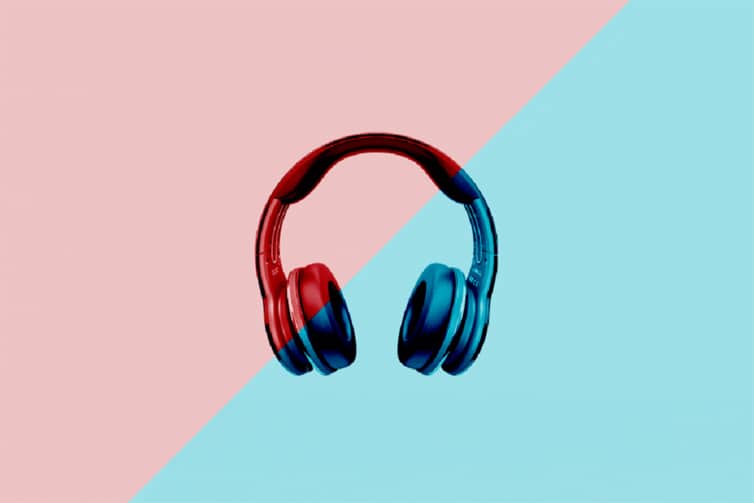 Image of a pair of over-ear headphones with a pink and blue background