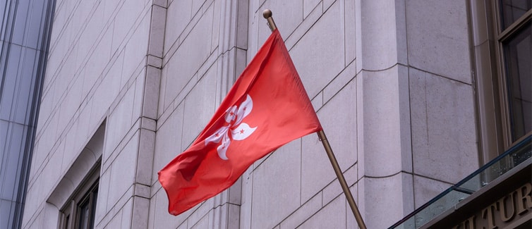 Image of a red flag with a white flower in the middle of it (flag of Hong Kong) on a flagpole.