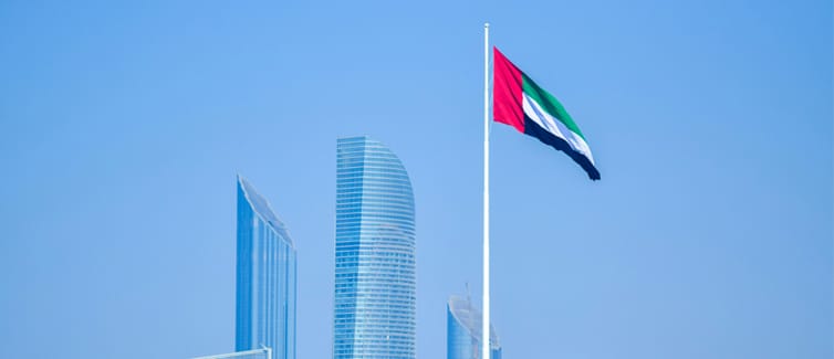 Image of a red, green, white and black UAE flag on a flagpole