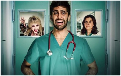 Image of three actors wearing hospital style clothing