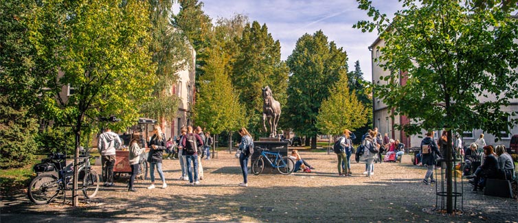 Image of people walking around in a courtyard with green trees and a horse statue