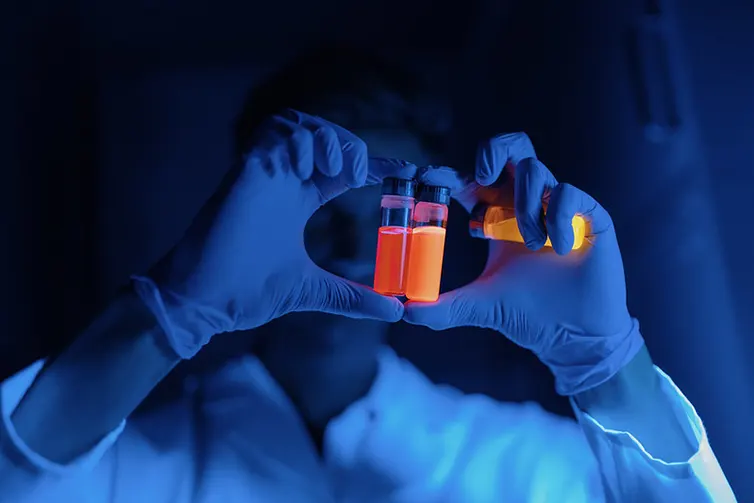 Person holding brightly coloured vials of liquid